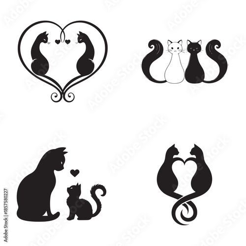 Charming black cat silhouettes symbolizing love, family, and companionship in various artistic designs