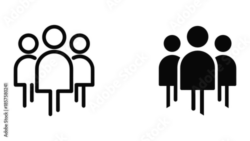 Group of People Icon: Simple and clean silhouette icons representing a group of individuals, perfect for digital interfaces, applications, and general use.