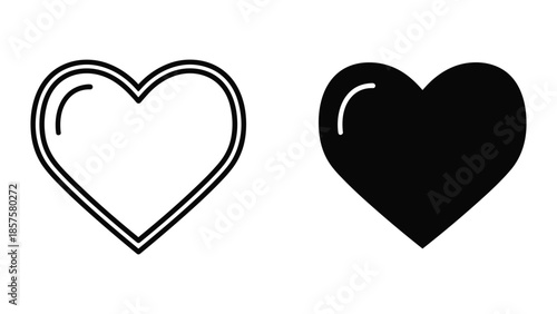 Hearts of Contrast: A dual illustration showcasing contrasting visual styles of a heart, one in outline and the other filled, symbolizing the multifaceted nature of affection.