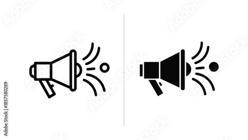 Megaphone Symbol: Two minimalist black and white megaphone symbols, one solid and one outlined, convey powerful messages of announcements and promotion, perfect for communication-focused content.