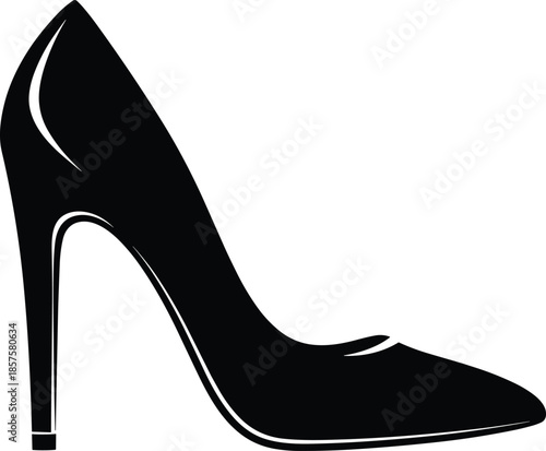 Elegant black high heel shoe silhouette, fashion footwear icon, lady stiletto pump, cad drawing flat vector illustration.