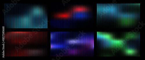 Set of futuristic neon fractal glass backgrounds with vibrant blue wavy gradients. Dynamic series of neon blue gradient backgrounds shaped by ribbed fractal glass for digital project and visual design