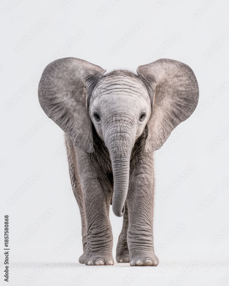 Obraz premium Baby elephant wildlife animal isolated white background. Cute baby elephant standing isolated on white background representing wildlife innocence nature and animal conservation.