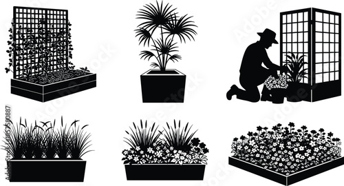 Gardener tending plants, flower beds, trellis and planter boxes, black and white silhouette set, cad drawing flat vector illustration.