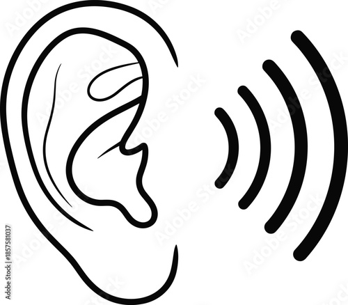Human ear listening to sound waves, audio hearing concept, black and white outline icon, cad drawing flat vector illustration.