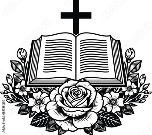Open holy bible with cross and roses, black and white religious engraving, tattoo art, cad drawing flat vector illustration.