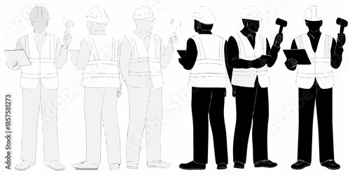 Construction workers in various shades of gray showing different levels of detail