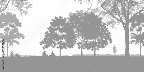 Silhouette of trees people sitting and walking in a park landscape