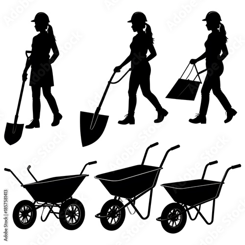 Silhouetted woman workers carrying equipment alongside three various wheelbarrows against a plain background