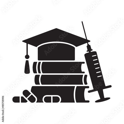 Education and medicine a graduation cap with books and a syringe icon