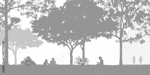 A serene grayscale landscape featuring trees and people relaxing outdoors