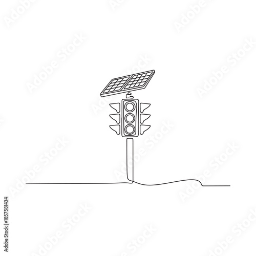 A single line drawing of a solar powered traffic light post