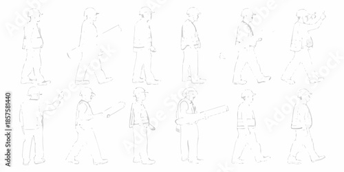 Line art sketches of men in suits with various poses and gestures
