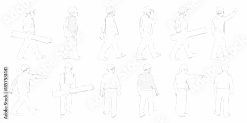 Line art depiction of construction workers in various poses and actions