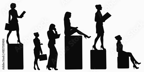 Silhouettes of women in business attire showcase diverse professional postures