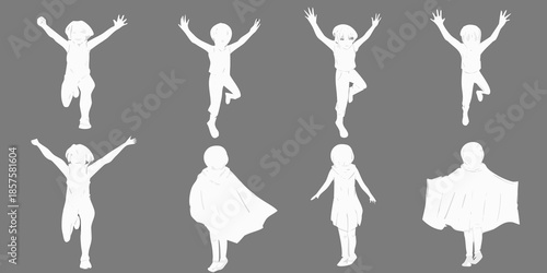 Silhouettes of children jumping and posing with arms raised in the air