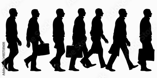 Silhouettes of businessmen walking in a row carrying briefcases and bags