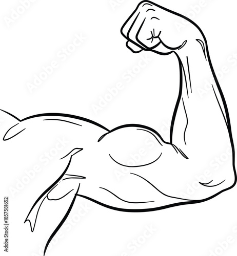 Strong muscular arm flexing biceps, black and white sketch outline, fitness power icon, cad drawing flat vector illustration.