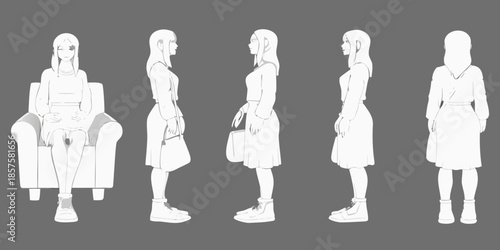 Line art illustration of a seated and standing female character in various poses