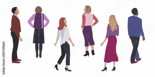A group of people standing and facing away from the viewer stylized illustration