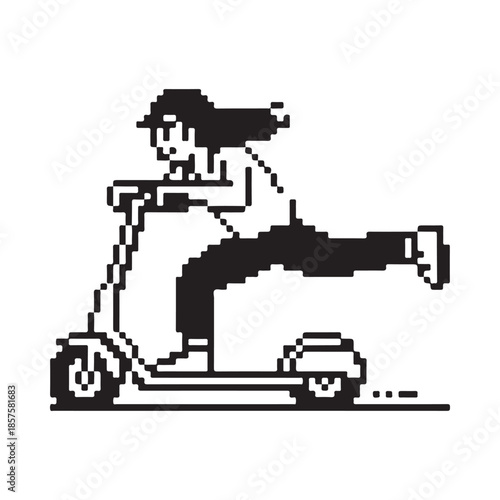 Pixelated illustration of a person riding a scooter in a simple black and white style