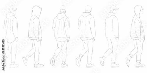 Line art illustrations of various people wearing casual hooded clothing