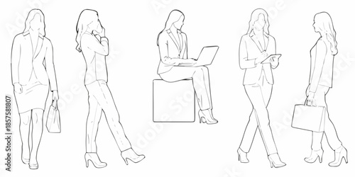 Line art depictions of a businesswoman in various poses and professional settings