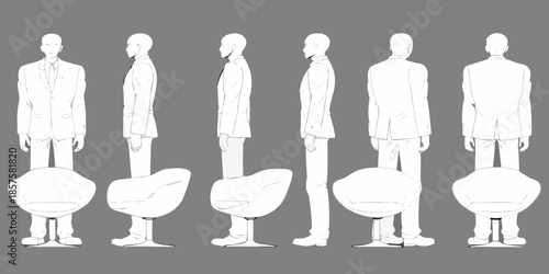 A series of male figures in suits standing on abstract stone bases