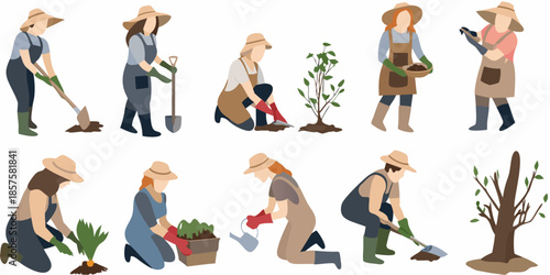 People gardening and planting trees a collection of vector illustrations