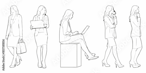 Line art illustration of women in business attire with various poses