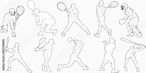 Line art illustration depicting various athletic poses of tennis and baseball players