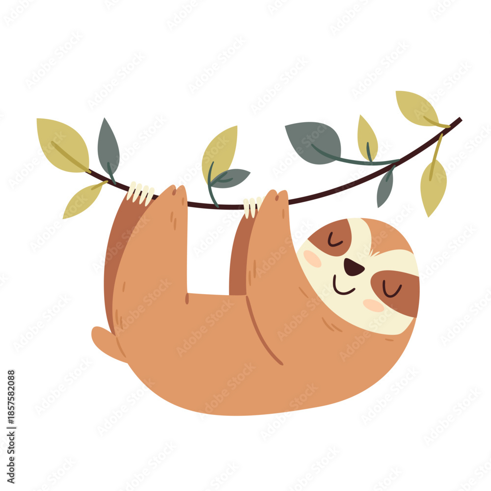 Obraz premium Cute sloth hanging from a tree branch with leaves. Flat cartoon style with Scandinavian minimalist aesthetic. Perfect for kids’ designs, posters, or nursery prints.