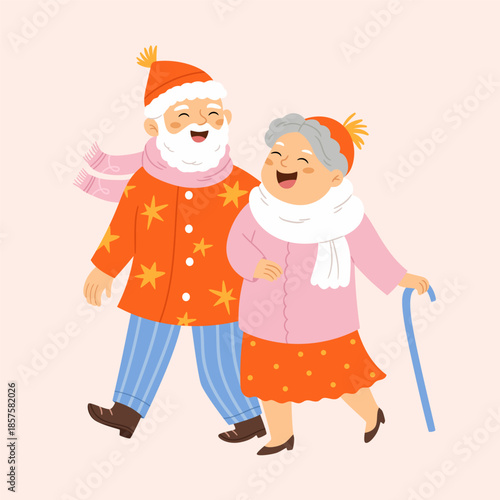Happy senior couple walking together in winter clothes. Flat vector illustration of grandparents enjoying a cozy stroll. Scandinavian style for children's books or seasonal designs.