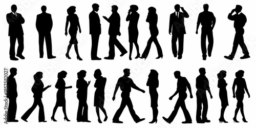 Silhouettes of diverse people walking and interacting in a public space