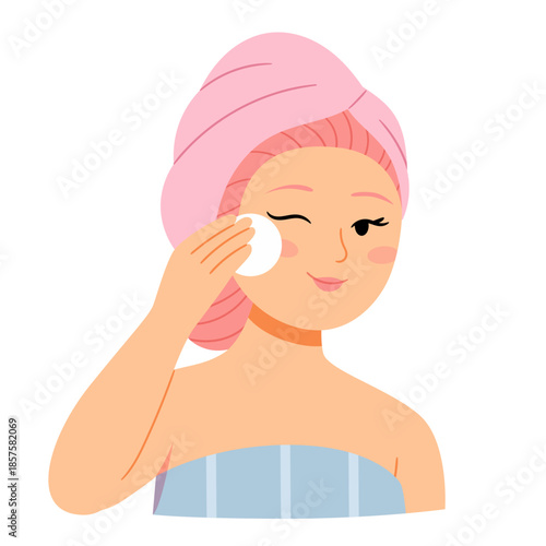 Minimalist cartoon woman with a towel on her head cleansing face with cotton pad. Cute flat vector in Scandinavian style for skincare, beauty, or wellness concepts.