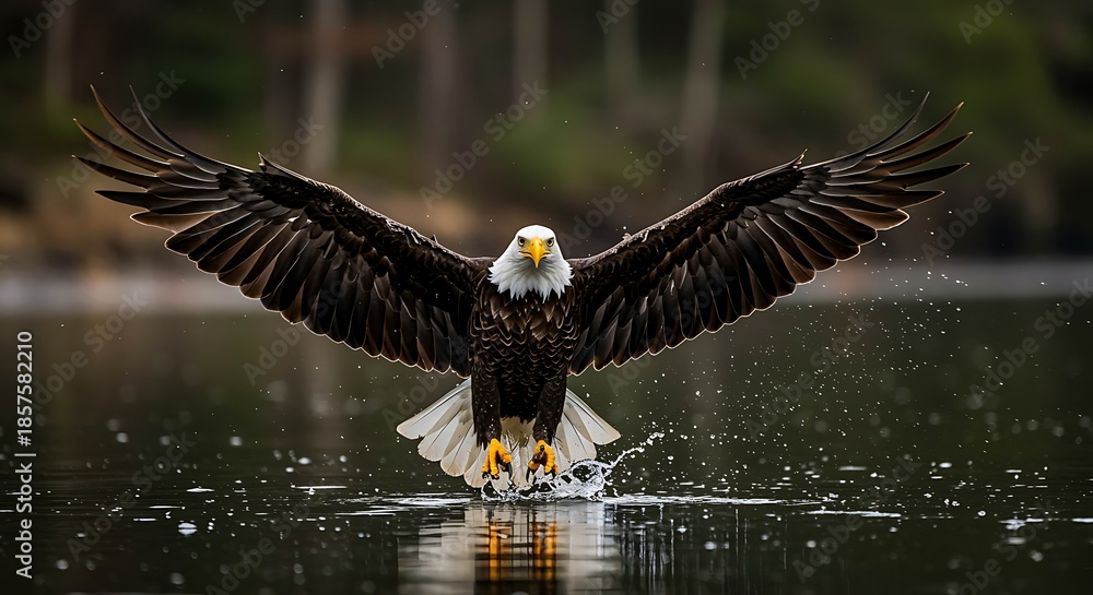 Fototapeta premium Bald Eagle Landing on Water with Wings Spread Wide
