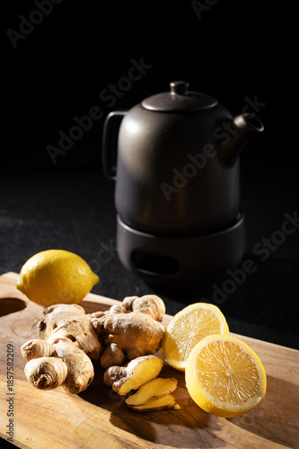 Frischer Ingwer und Zitrone. Teekanne. Zitroneningwertee. Gesunder Tee. Vitamin C