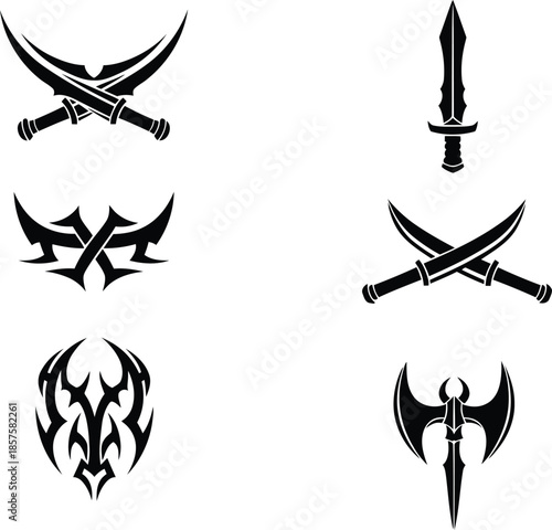 Collection of sharp tribal weapon silhouettes featuring crossed swords battle axes and fantasy daggers for warrior branding.