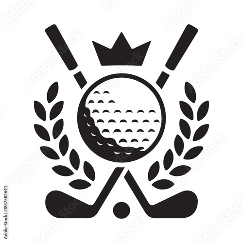 Golf emblem featuring a crown ball clubs and laurel wreath design