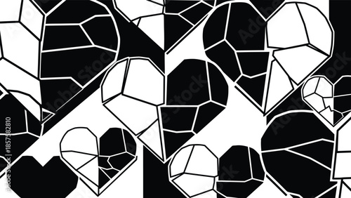 Geometric heart pattern with a cracked glass mosaic effect in a monochrome aesthetic for romantic backgrounds.