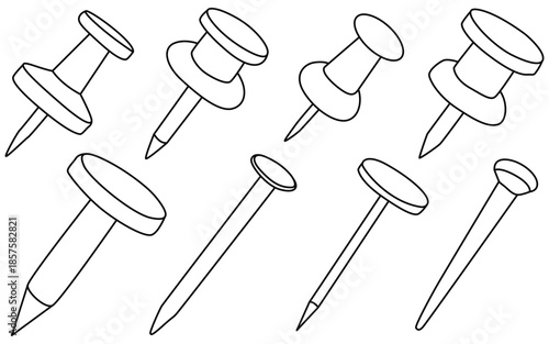 Fastener Silhouette Collection Featuring Nails, Screws, and Tacks, Minimalist Vector Icons for Construction and Hardware Concepts
