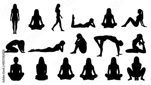 Vector Illustration of Various Yoga Poses Performed by Women in Different Positions