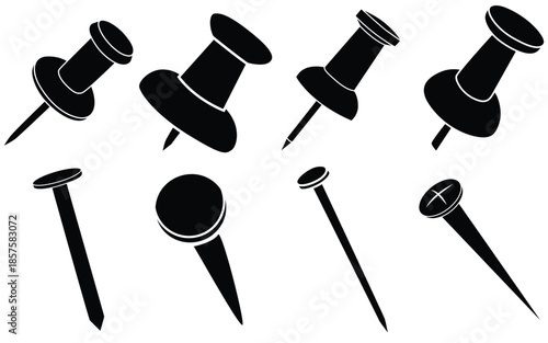 Push Pin Icon Set in Black Outline Style, Minimal Thumbtack and Nail Symbols for UI, Web, and Graphic Design

