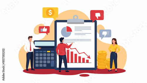Vector illustration of financial analysis with charts and graphs on digital devices