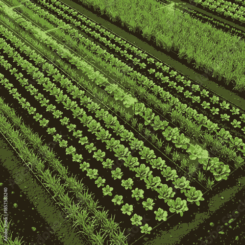 Aerial View of Organized Farm Fields with Green Crops Growing in Rows