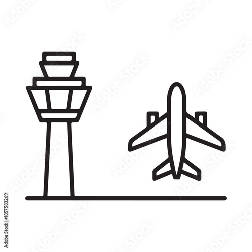 Simple line drawing of an airport control tower and airplane taking off