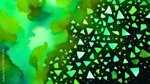 トライアングルのチップスとモヤモヤで構成された抽象的なグリーンの背景