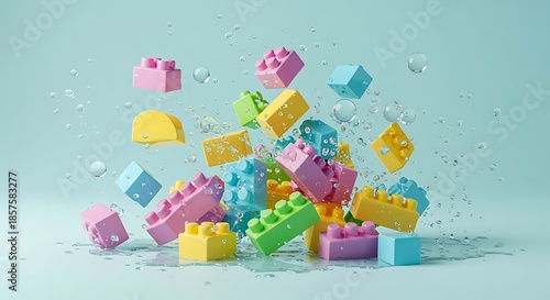 Colorful Plastic Building Blocks Falling in Air on Light Blue Background