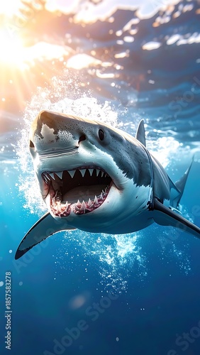 Shark swims beneath sunlit water. The sharp teeth of the ocean predator are exposed near the surface