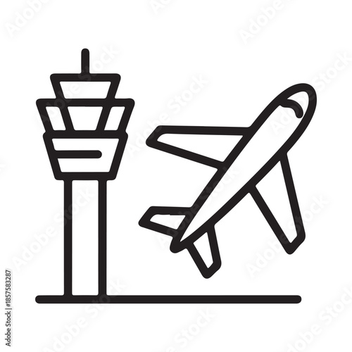 Simple black and white illustration of an airplane near an airport control tower